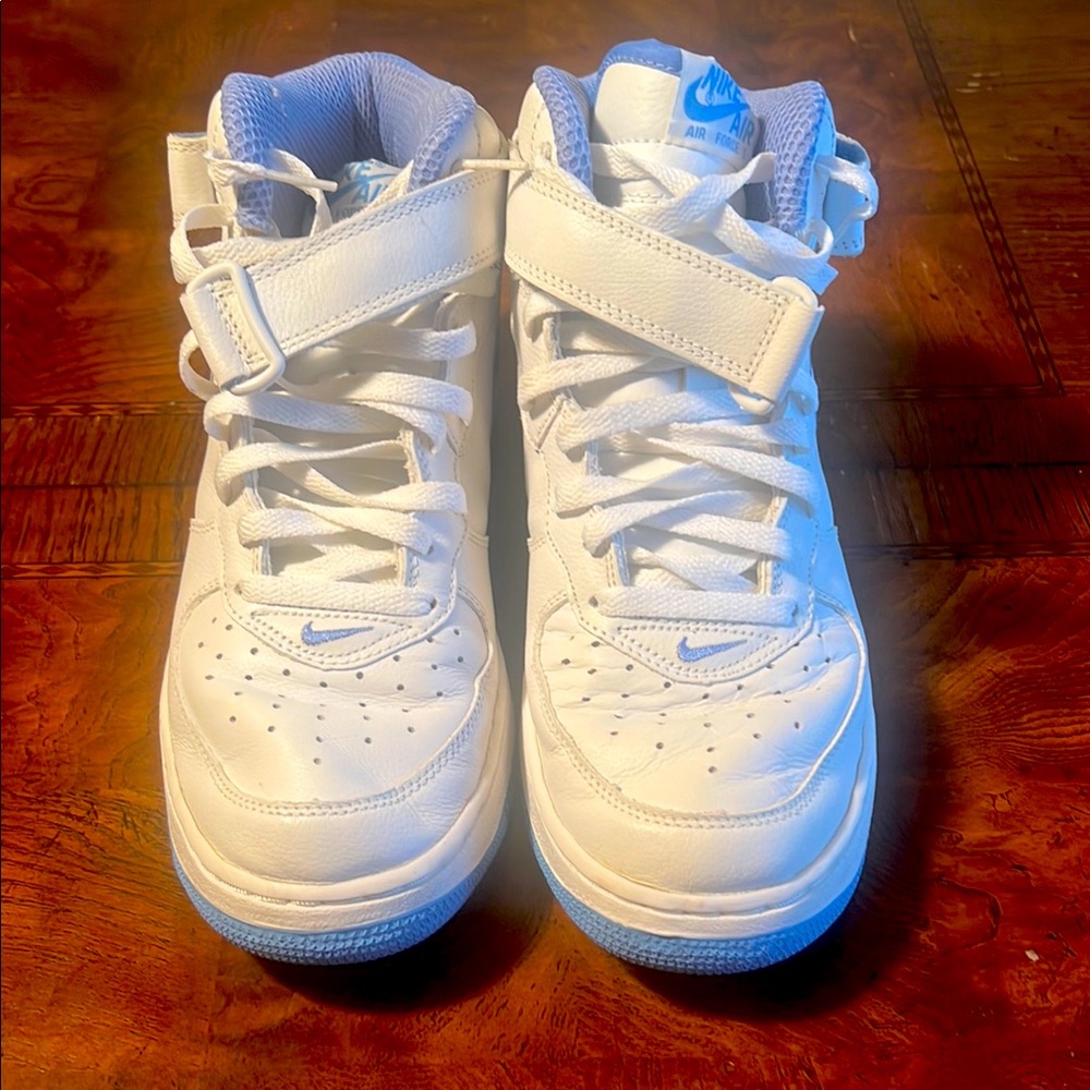 Nike White and Blue High-Top Sneakers with Leather Upper